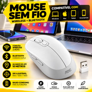 Mouse Sem Fio AOC Branco Wireless e Bluetooth 2.4GHz Recarregável 1600 DPI USB C Receptor Para Mac PC Notebook Tablet