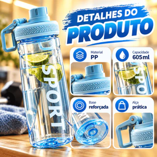 Garrafa de Água Esportiva 605ml PP com Tampa Flip e Alça Portátil para Academia e Dia a Dia