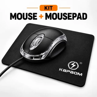 Kit Mouse com Fio USB Óptico 1200 DPI e Mousepad Gamer Kapbom Preto 26x21cm Antiderrapante para PC e Notebook