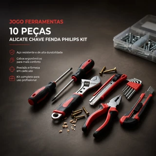 Kit Ferramentas 10 Peças Alicate Chave Inglesa Estilete Fenda Phillips Allen Para Casa Carro Oficina Manutenção Reparos