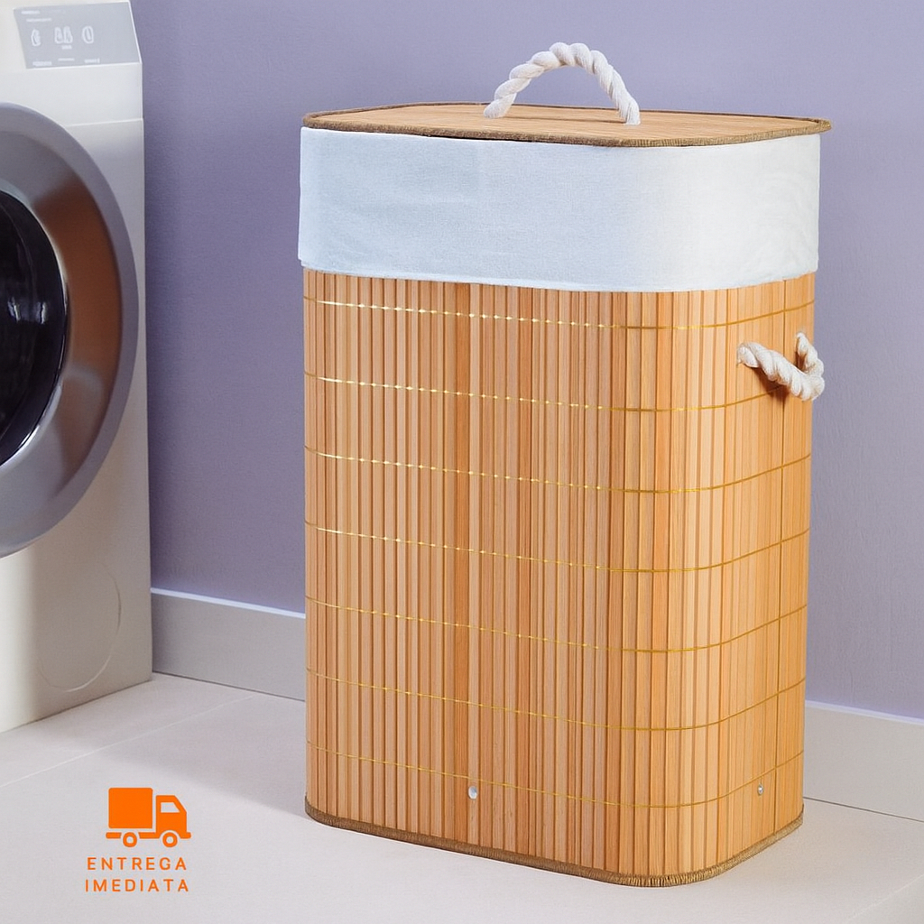 Cesto De Roupa Suja Bambu 72 Litros Lavanderia Com Tampa e Alças Forrado Grande Organizador Banheiro