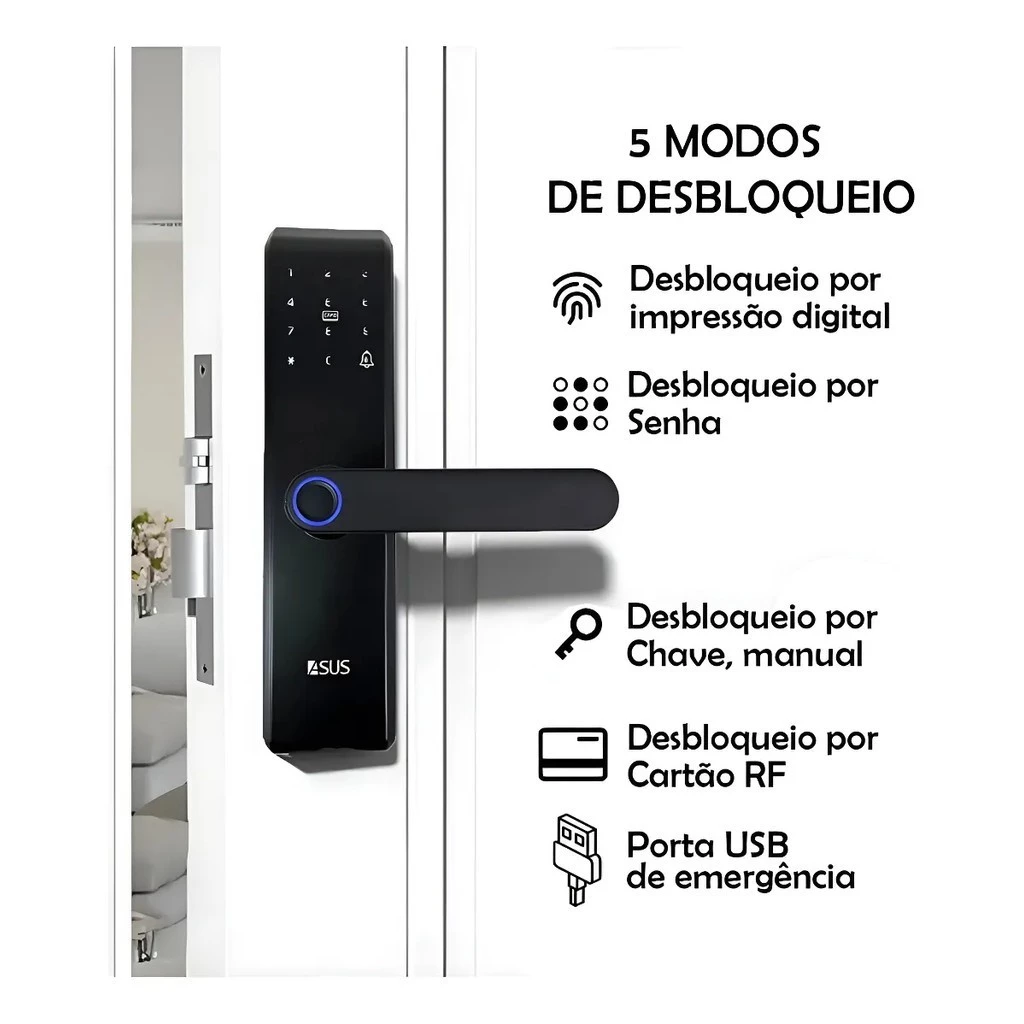Visão frontal da Fechadura Eletrônica Digital ASUS Preta