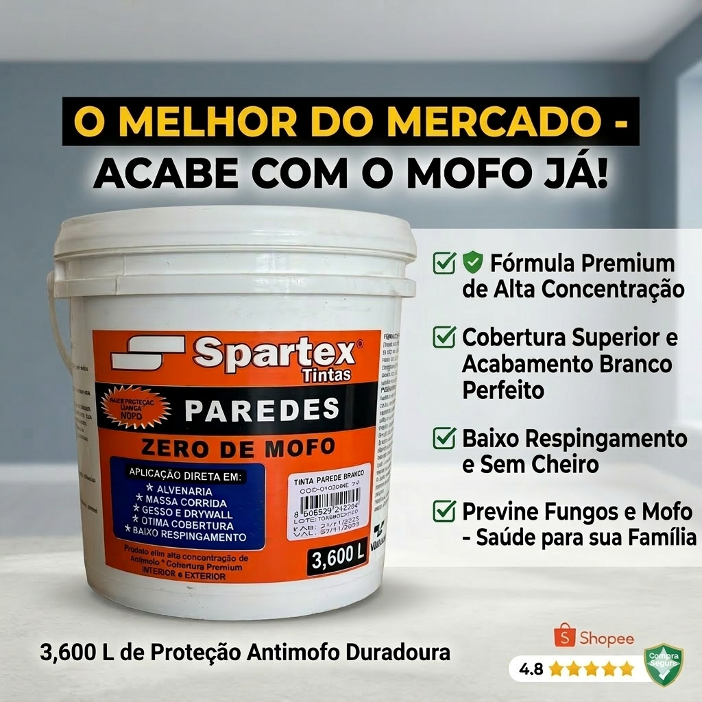Tinta Anti Mofo 3.6L Bloqueia Umidade Parede Teto Banheiro Quarto Gesso ...