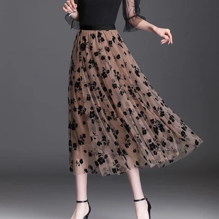 Saia Feminina Cintura Tule Para Alta Mid Calf Longo De Floral Saia de Tule Malha Plissada