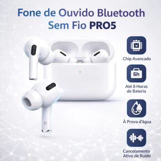Fone de Ouvido Bluetooth Sem Fio PRO5 com Cancelamento de Ruído e Janela Pop-Up para iOS e Android