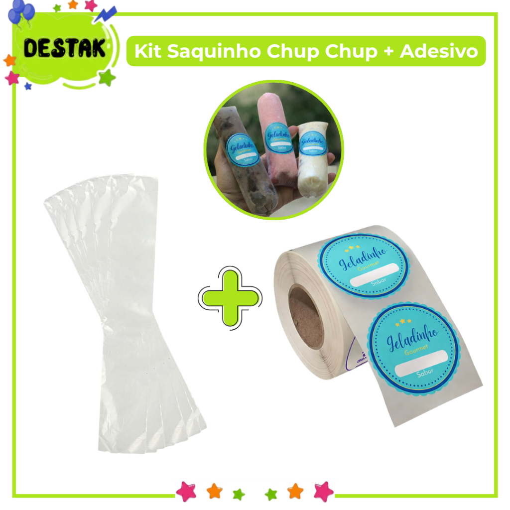 Kit Saquinhos de Geladinho 6cm e Adesivos Geladinho Gourmet Venda Qualidade Premium