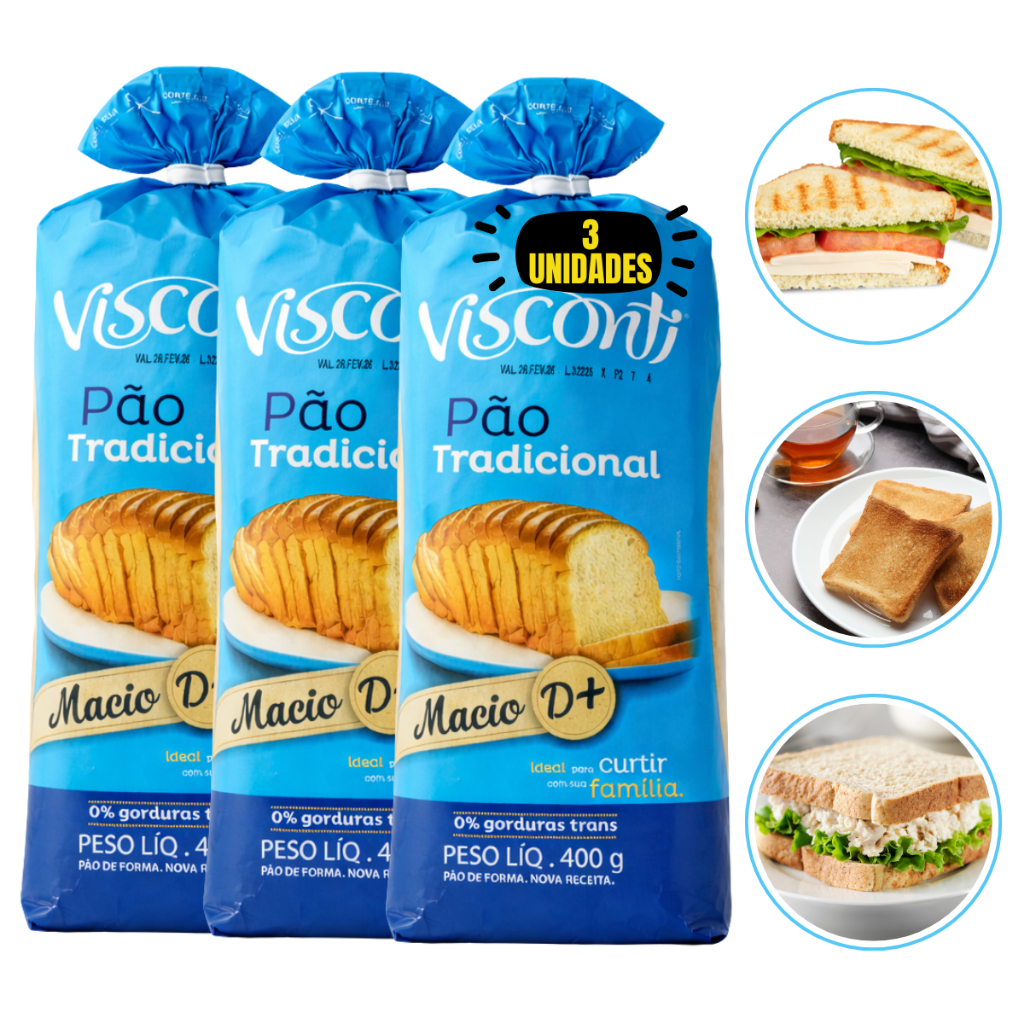 Kit Econômico 3 Pães Visconti Tradicional 400g Macio D+