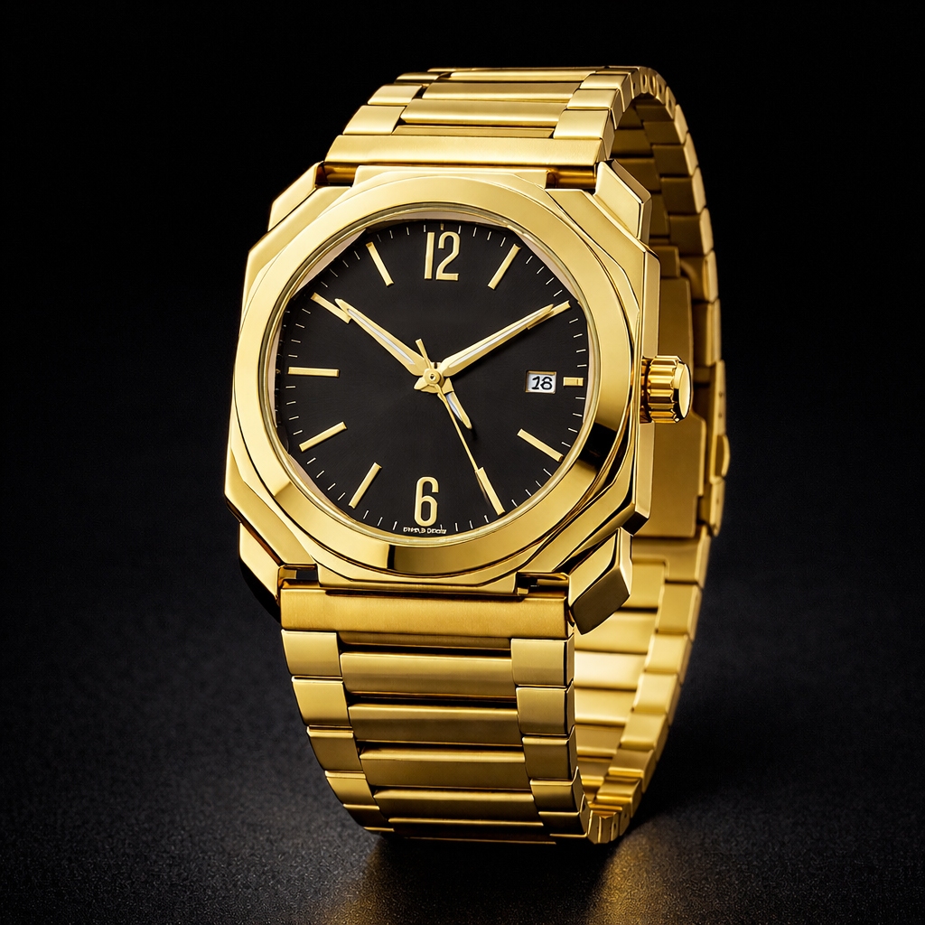 Relógio Masculino Octogonal Luxo Aço Inoxidável Elegante Acabamento ...