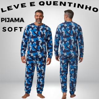 Pijama Soft Quentinho Inverno Masculino Estampado Camuflado Azul em Oferta na Shopee