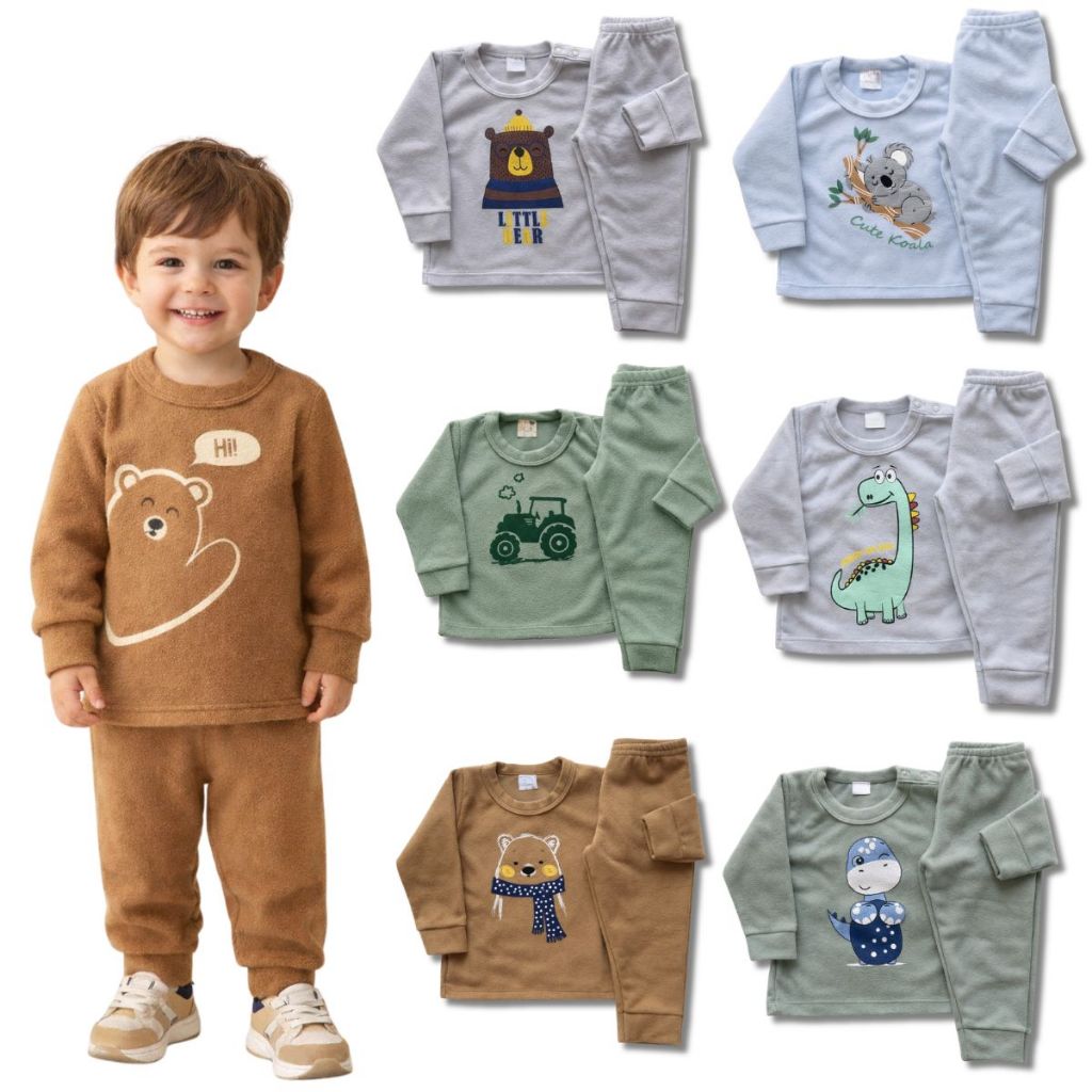Kit 4 Peças Soft Infantil Bebê Menino Inverno Conjunto Soft 2 Blusas e 2 Calças Tamanho P ao 3 Anos
