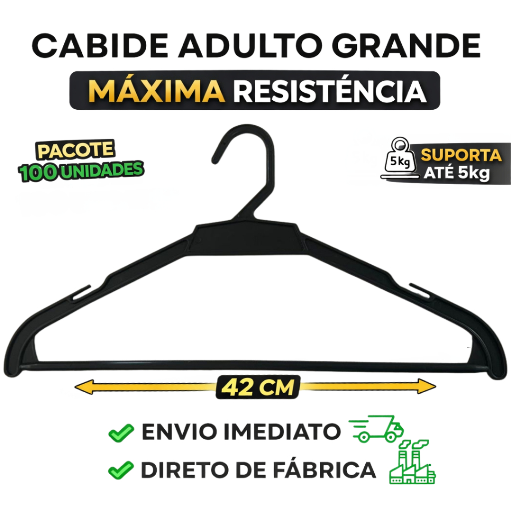 Cabide Adulto Preto Grande Kit 40 a 100 Unidades 42cm Resistente