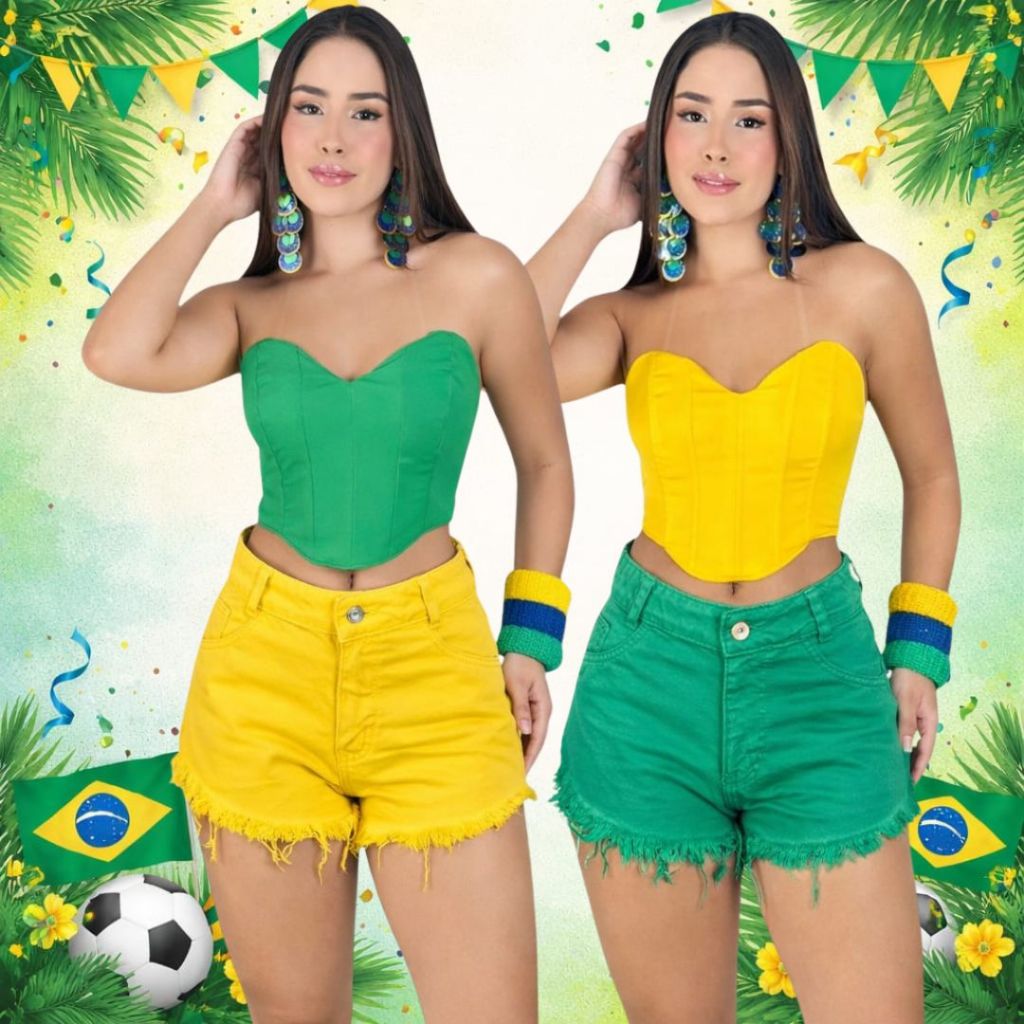 Short Jeans Feminino Brasil – Lançamento Copa do Mundo.