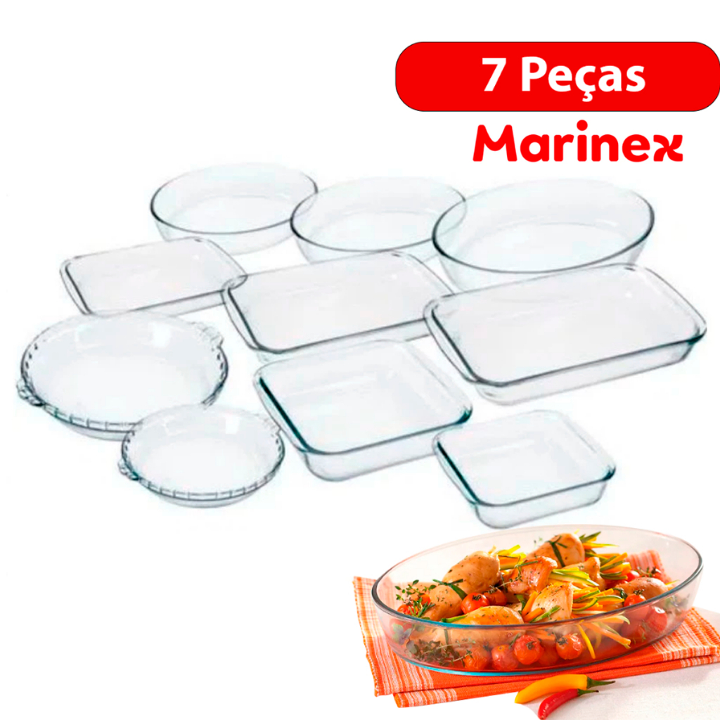 Conjunto Marinex KIt Jogo de Travessas 7 peças Variadas em Vidro