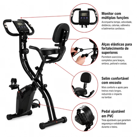 Bicicleta Ergométrica Dobrável 3 em 1 Vertical com Encosto 8 Níveis Magnéticos Painel LCD Super Silenciosa