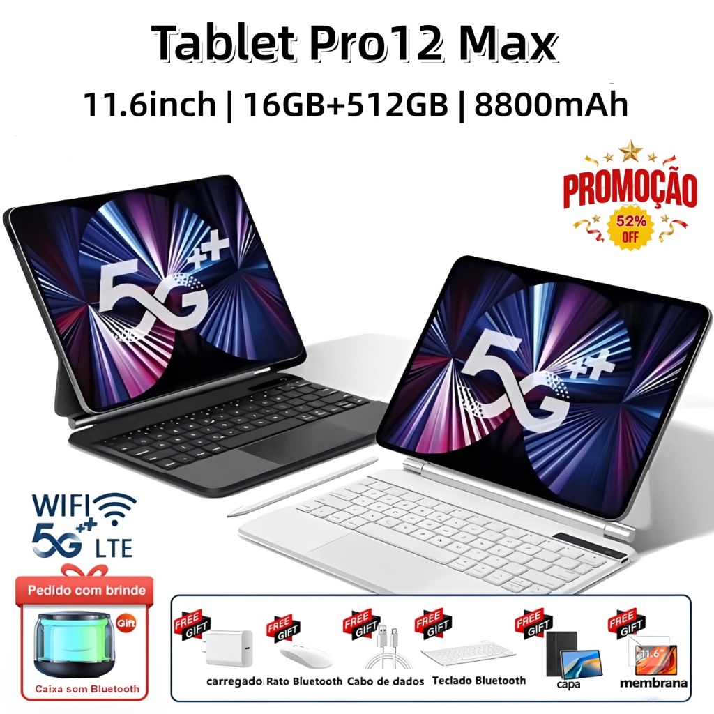 Teclado e mouse grátis】Tablet Pro12 Max, 11,6 polegadas, 16 GB +