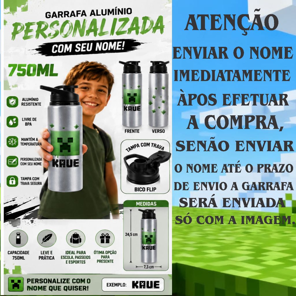 Garrafa Minecraft Personalizada Com Nome 750ML Alumínio Infantil ...