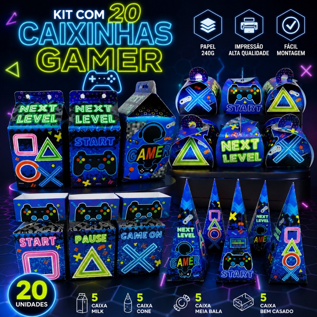 Kit Lembrancinhas Vídeo Game Papelaria 20 Caixinhas Gamer Festa