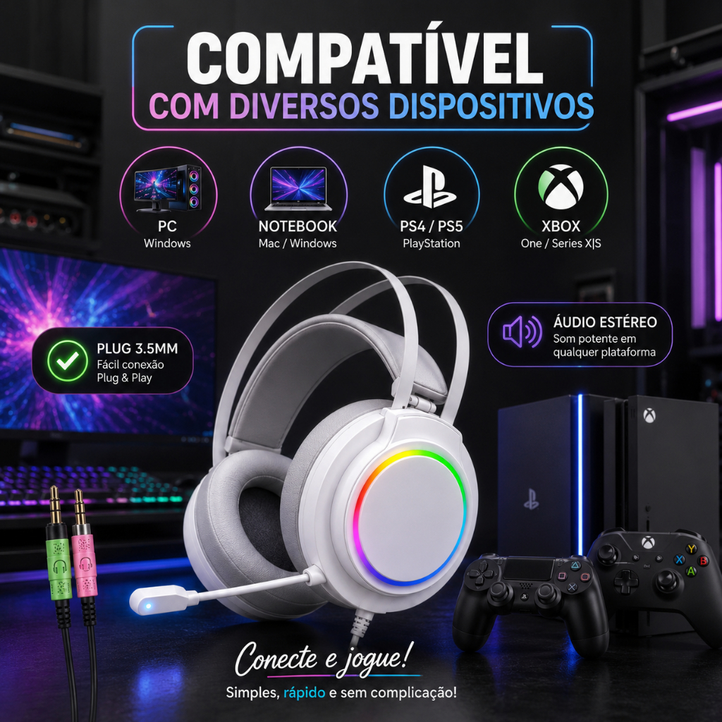 Fone Gamer Led RGB com microfone USB e P2 Para PC Computador Celular ...