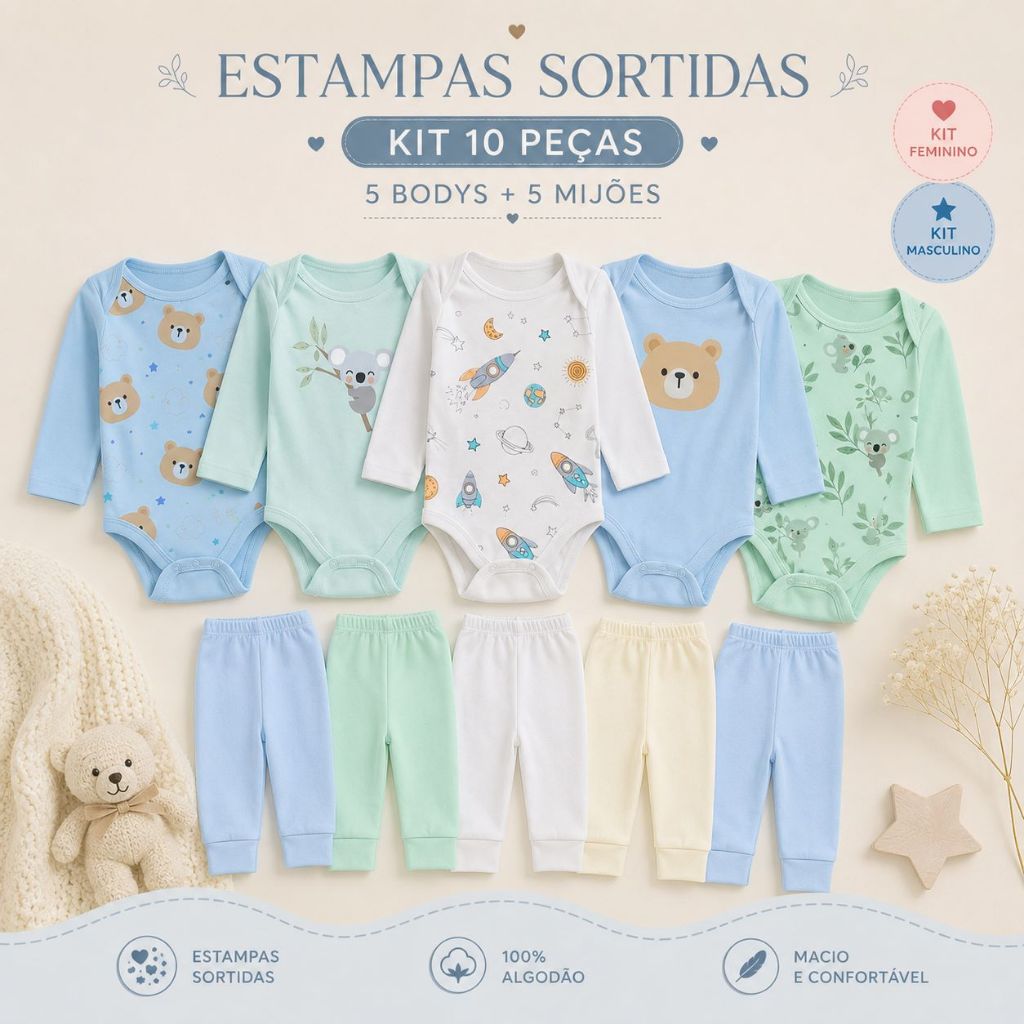 Kit 10 Peças Roupinhas Body Longo e Mijão (Tam. P ao G)