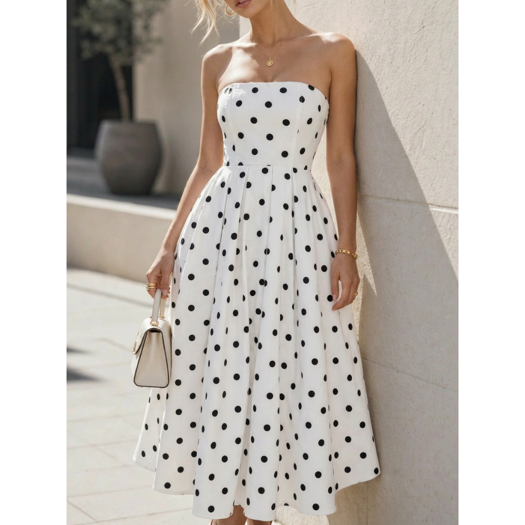 Vestido Feminino Longo Tomara Que Caia Poa Bolinha Lastex Soltinho Elegante