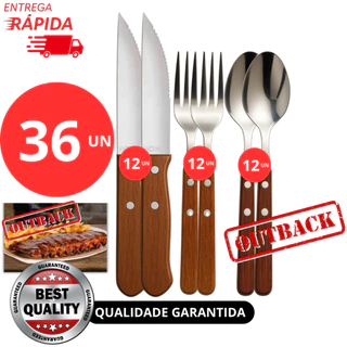 Jogo KIT 36, 24 ou 12 Peças Talheres Para Churrasco Jumbo Faca Outback Garfo e Colher de cabo De Madeira