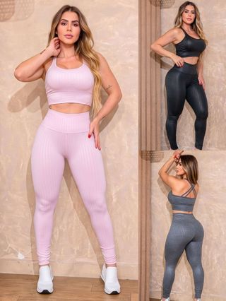 Conjunto Fitness Top Suplex Texturizado Legging Cintura Alta Confort Casual Versátil Academia Oferta