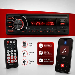 Rádio som Automotivo Bluetooth 5.0 USB AUX FM MP3 4x25W pen drive First Option 12V 1 Din