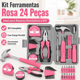 Kit Ferramentas Rosa 39/24/13 Peças Martelo, Chaves e Fita Métrica com Estojo - Perfeito para Reparos Domésticos DIY