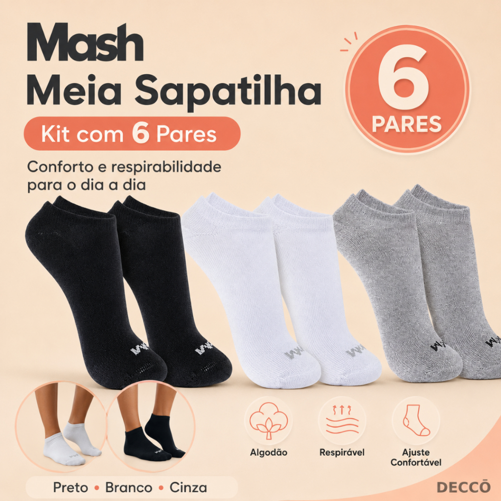 Kit 6 Pares Meias Sport Mash Algodão Unissex