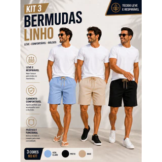 Kit 3 Bermudas Masculinas Linho com Bolso Cós Elástico