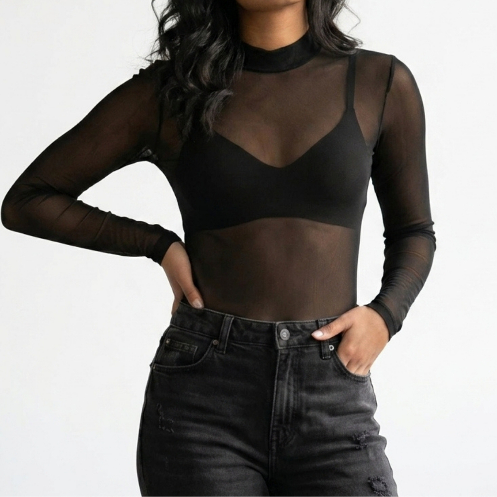 Body Segunda Pele Tule Premium Gola Alta Manga Longa Feminina Transparência Veste 36 ao 44