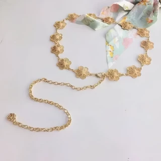 Cinto de Cintura Corrente Metálico Flores Douradas, Acessório Versátil para Vestidos, Looks Diurnos e Ocasiões Especiais