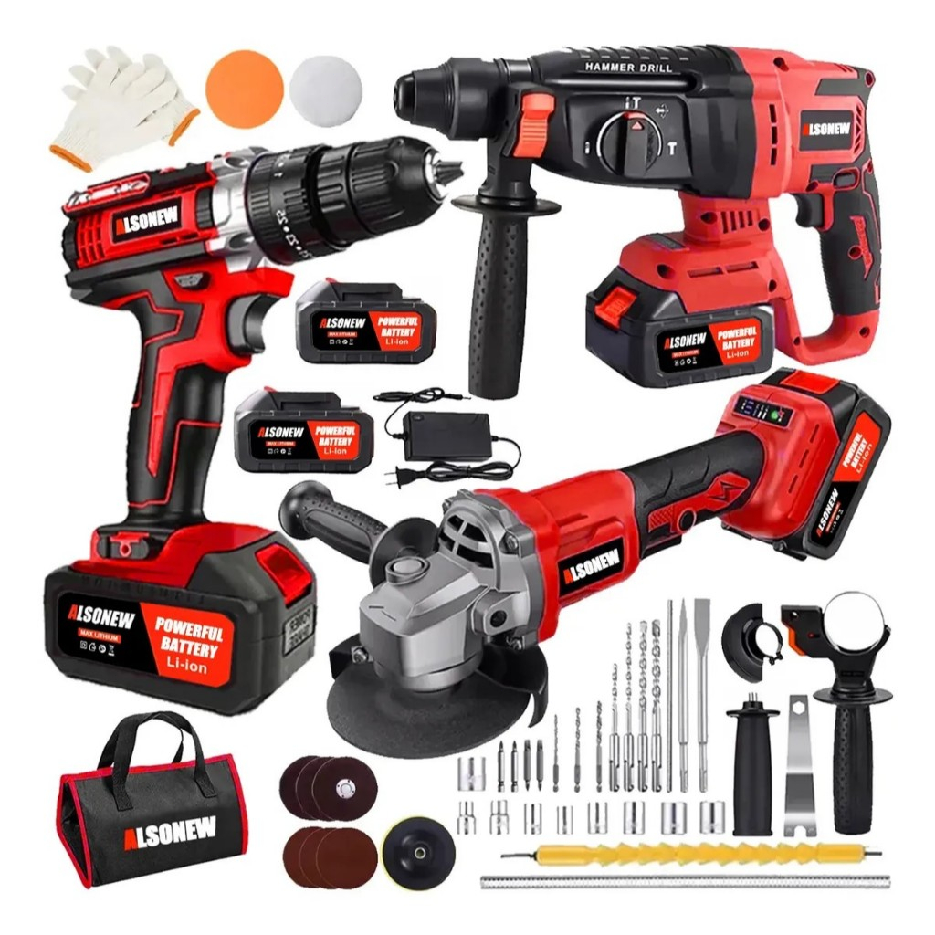 ALSONEW Kit Ferramentas Sem Fio 4 Modelos: Chave Impacto Furadeira Catraca Martelete Esmerilhadeira