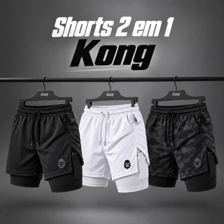 Bermuda Masculina 2 em 1 Academia Corrida Fitness Compressão com Bolso para Celular Kong