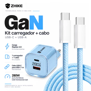 Kit PD Cabo Carregador Carregamento Rápido ZHIKE Adaptador GaN Tipo C Para Tipo C 1M Nylon Trançado