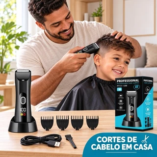 Máquina Cortar Cabelo Aparador Corporal Masculino Recarregável, Lâmina Cerâmica LED, À Prova D'água com Base Carregador