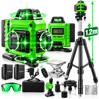 War Shark Nível Laser 16 Linhas Profissional Verde Nível 360° Auto-Nivelante 4D + Tripé 1.2m + 40m + 4000mAh *2