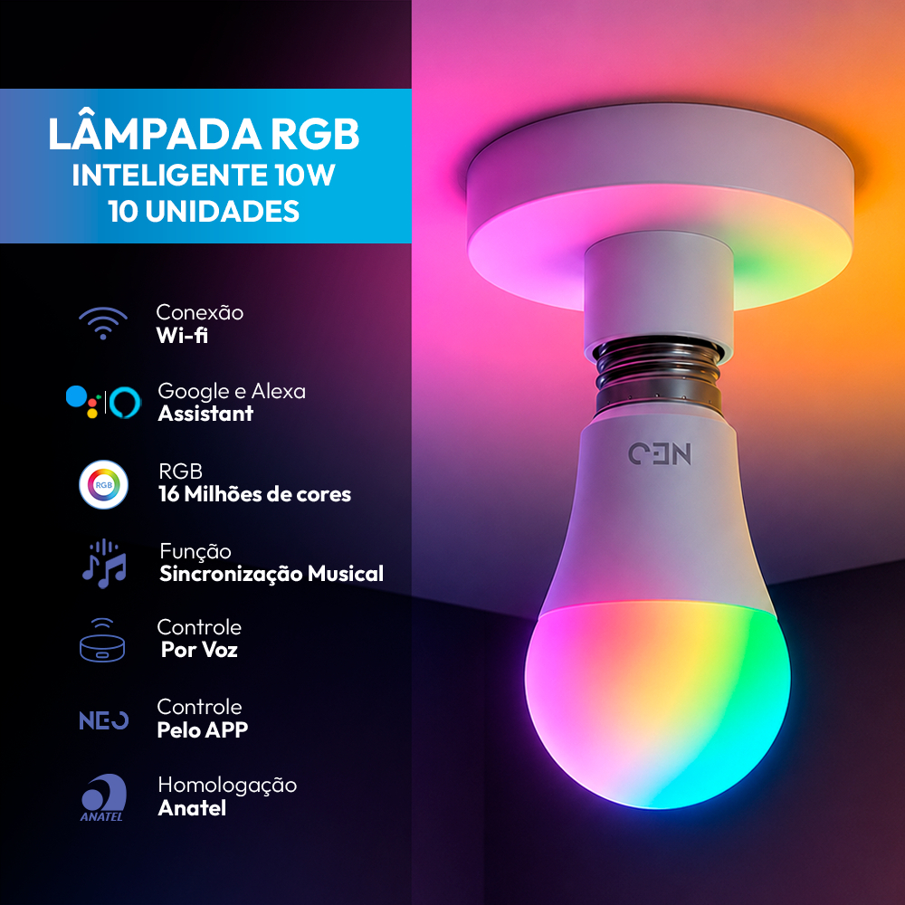Kit 10 Lampadas Led Smart Inteligente Wi Fi Alexa google 10w RGB E27 110v/220v Avant Neo