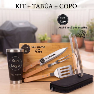 Kit Churrasco 5 Peças Personalizado – Faca Garfo Pegador Aço Inox copo termico Presente Time Nome Logo
