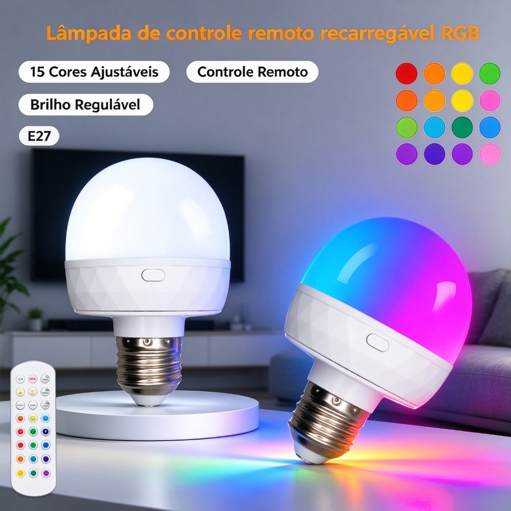 Lâmpada LED E27 Recarregável RGB com Controle Remoto 15 Cores ...