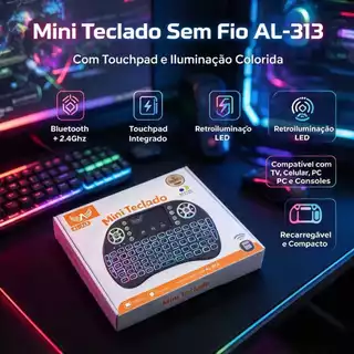 Mini Teclado Sem Fio com Touchpad RGB Bluetooth 2.4G Controle Smart TV Box PC Notebook Celular Altomex AL-313