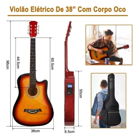 Kit Violão Eletroacústica P/iniciante Com Afinador+acessório de Acústico 38 Polegadas - Ideal para Prática Iniciantes In