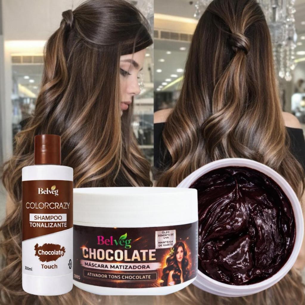 Kit Máscara e Shampoo Tonalizante Chocolate Belveg - S/ Amônia