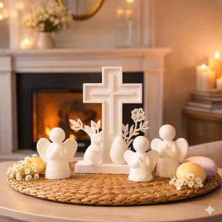 Kit Decoração de Páscoa Cruz, Anjos e Coelho Minimalista - Enfeite Cristão Mesa Branco em Oferta na Shopee