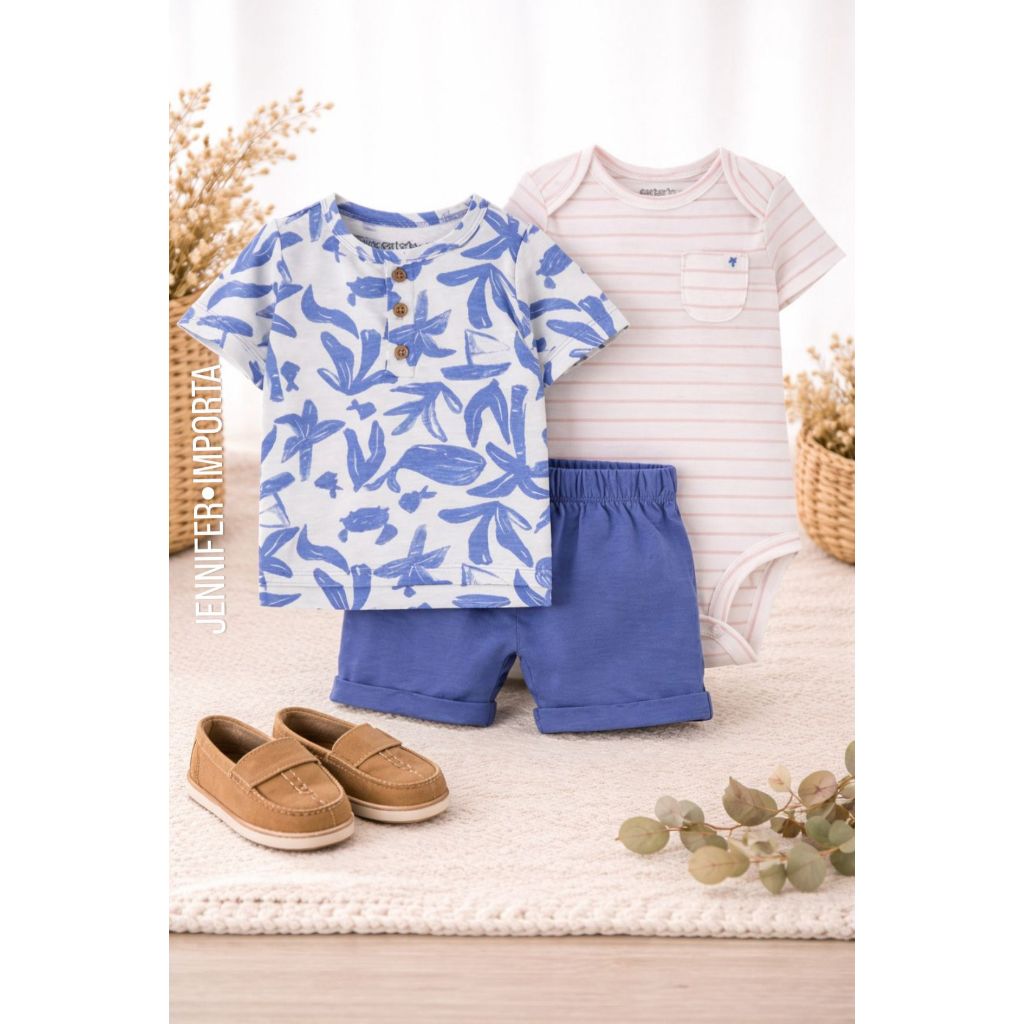 Conjunto Trio Verão Bebê Menino Short Body Folhagem/Listrado Carter´s em Oferta na Shopee