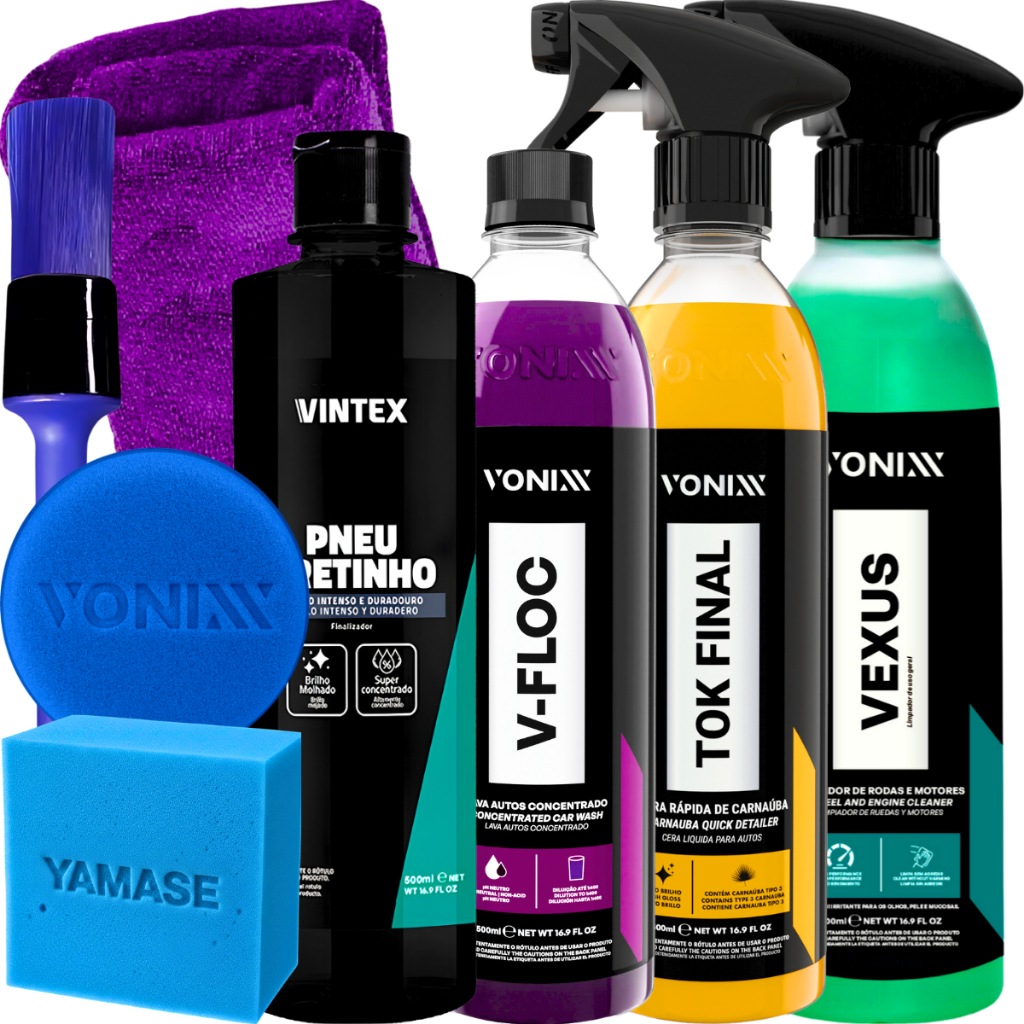 Kit de Limpeza Automotiva Vonixx/Vintex V-Floc 500ml + Tok Final 500ml + Vexus 500ml + Pneu Pretinho 500ml + Acessórios