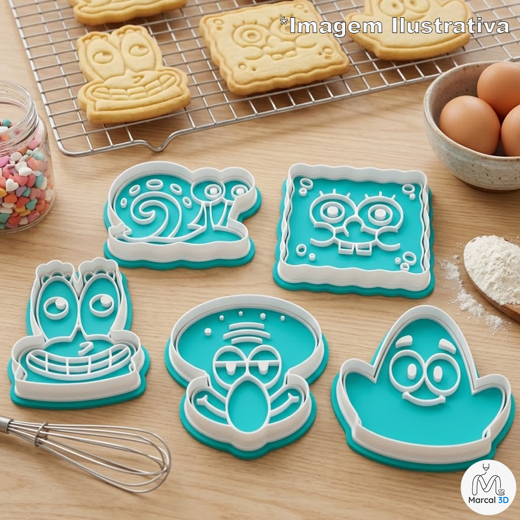 Kit Cortador de Biscoito Bob Esponja Desenho Animado Fofinho Carimbo Molde Biscoito Massinha Confeitaria