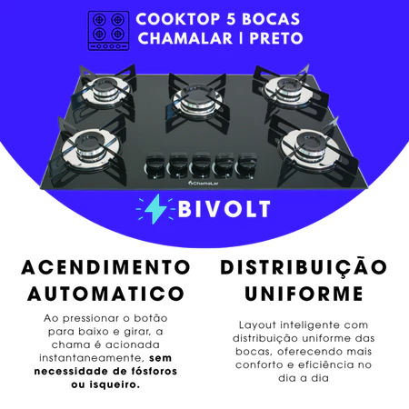 Fogão Cooktop Premium Gás 5 Bocas Ultra Chama 127v 220v Preto