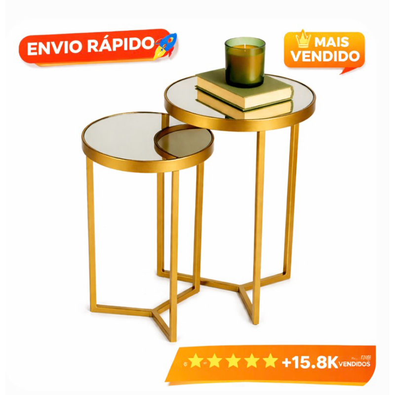 Conjunto de Mesa Lateral com Espelhos para Decoração Luxo