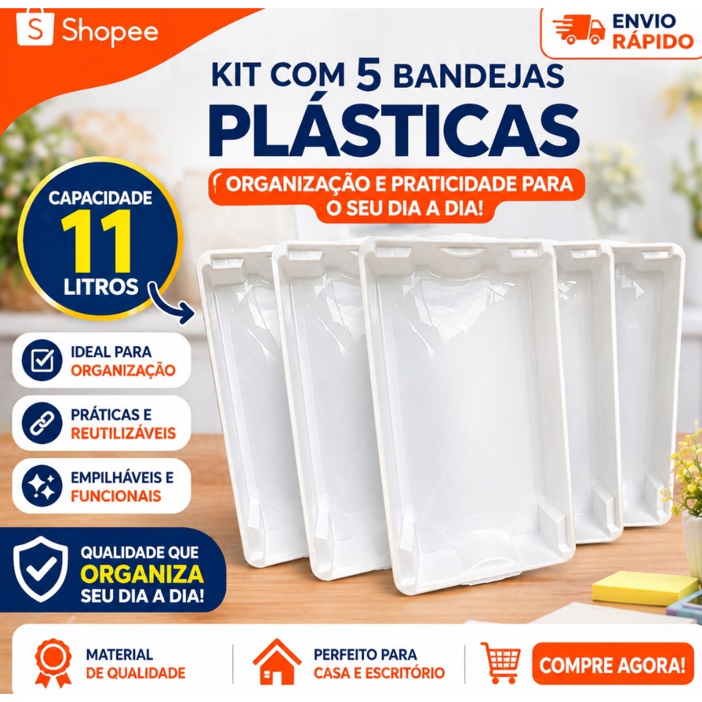 Kit 5 bandeja multiuso 11 litros plástico jogo empilhável or